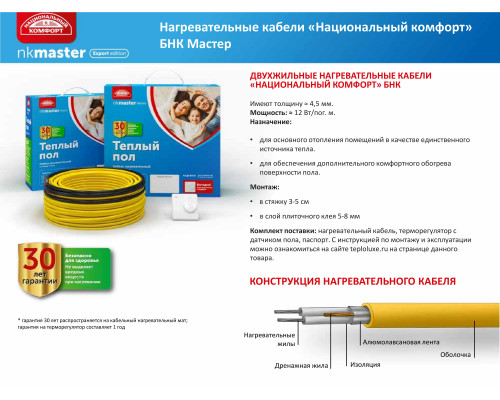 Кабель Национальный комфорт БНК 21,5 м / 300 Вт (1,7–2,0 кв.м) Мастер с терморегулятором купить в Новосибирске